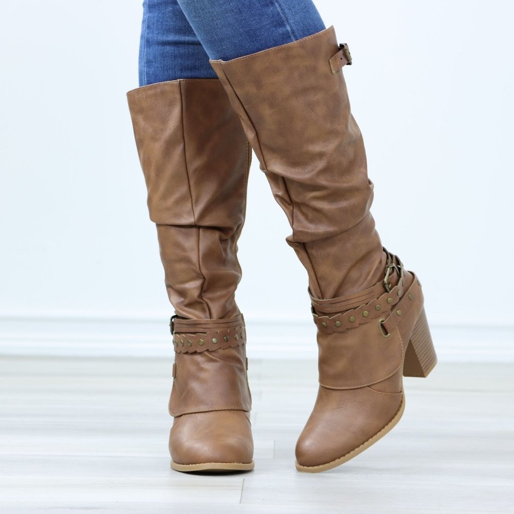 Motorcycle Heeled Boots For Rocker Biker Girls Below The Knee Tan Faux Leather - Picture 10 of 15